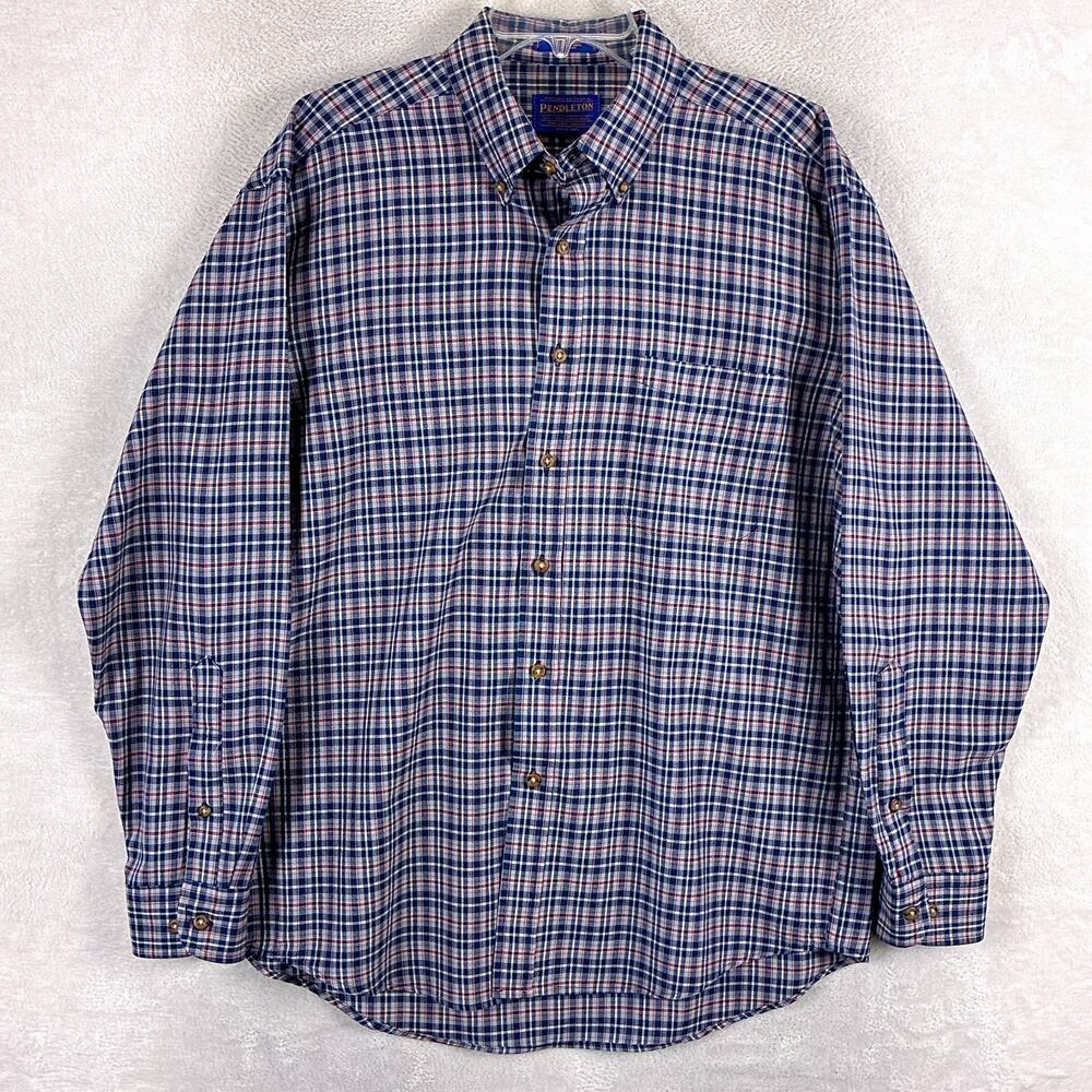 VTG Pendleton Shirt Mens L Blue Red Plaid Wool Preppy Outdoors Lumberjack Hiking